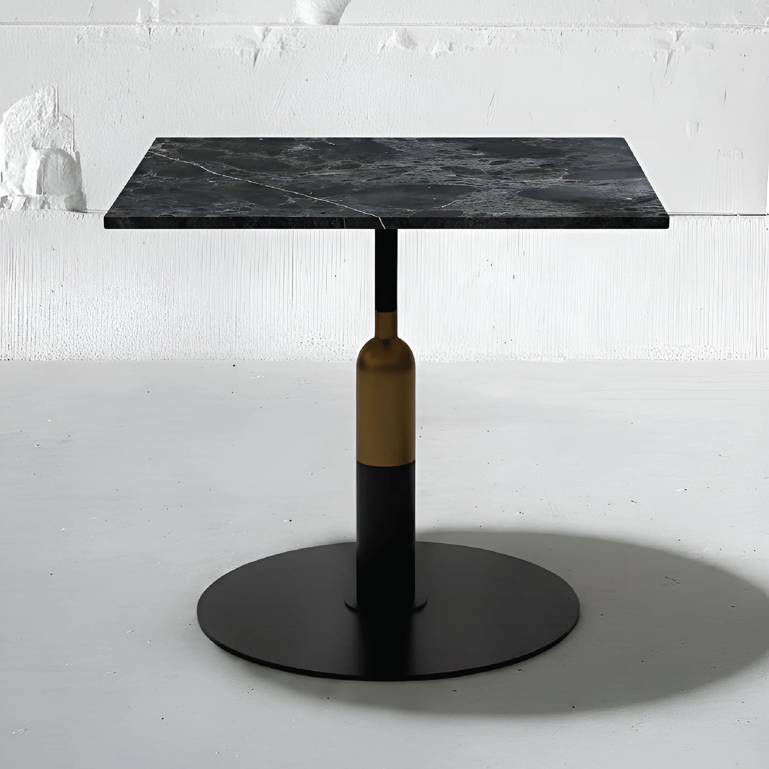 Square Robust Bistro table in Black Casper quartzite with golden Apollo base.