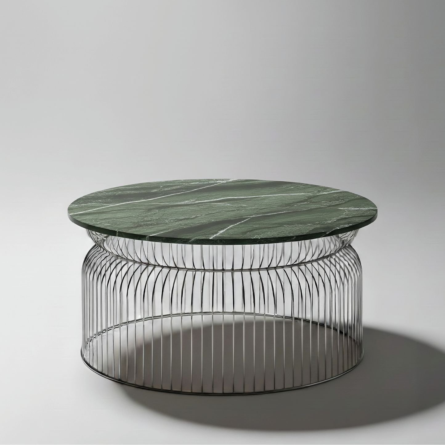 Mesa Centro Abcheck en Cuarcita Verde Amazonia con tablero de 1100 mm y base de 1000 mm.