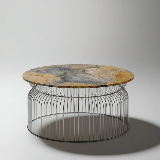 Mesa Centro Abcheck en Ónix Sunrise con tablero de 1100 mm y base de 1000 mm.