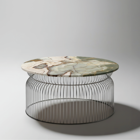 Mesa centro Abcheck en Ónix Verde con base metálica, mesa de piedra natural pulida, diseño minimalista de alta gama.