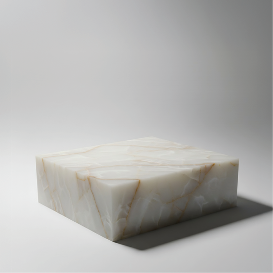 Mesa centro The Cube en Ónix Blanco con diseño cúbico y acabado pulido.