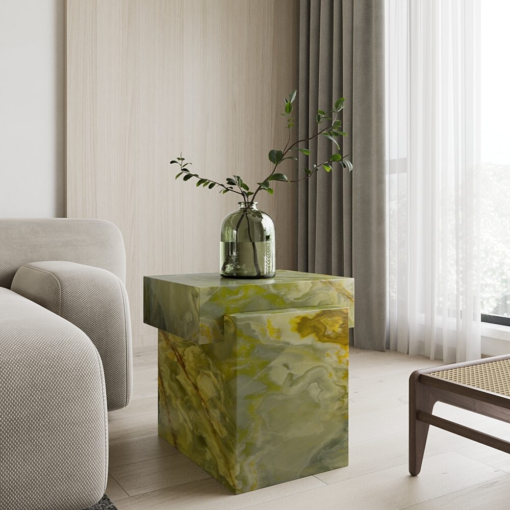 Mesa Auxiliar ALMA en Ónix Verde – piedra natural pulida en salón moderno
